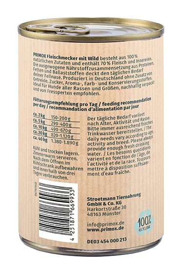 PRIMOX® Fleischmecker Hunde-Nassfutter | Getreidefrei | 70% Fleisch & Innereien | Made in Germany & 100% Natürlich | Omega-3 für Haut & Fell | Gluten- & Laktosefrei (Wild, 6x400 g)
