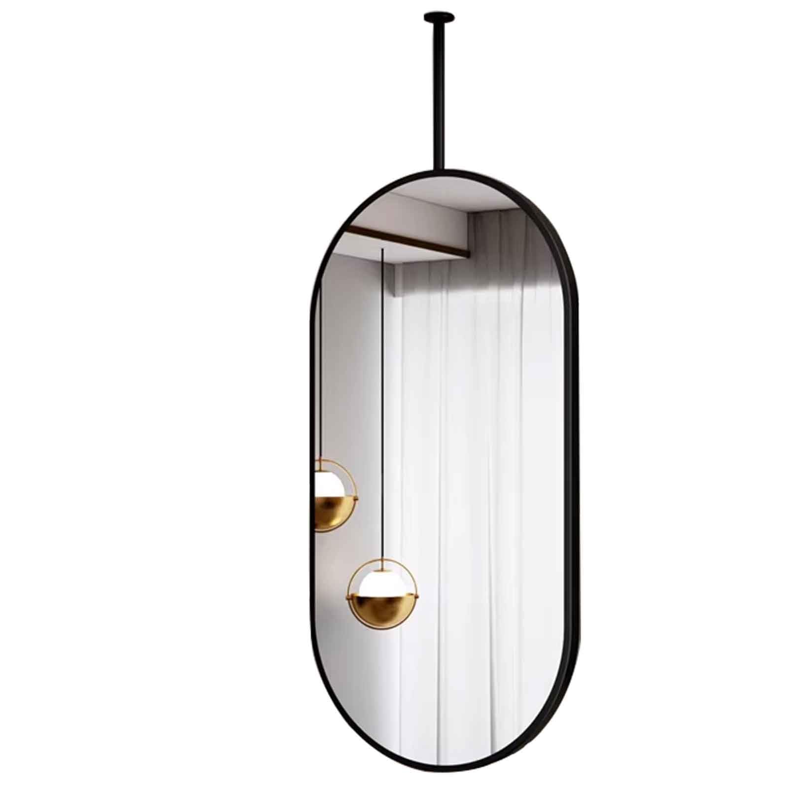 FGXHHS Ceiling Mount Mirrors for Bathrooms Suspend Black Metal Framed Oval Mirror a Window Vanity - Customisable Suspension Rod(40cmx60cm)