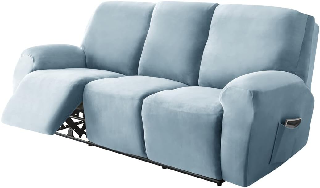 Stretch Recliner Sofa Slipcover Velvet Recliner Chair Covers for 3 Cushion Reclining Couch Cover 8 Pieces Sofa Furniture Protector Slipcovers with Side Pocket Machine Washable