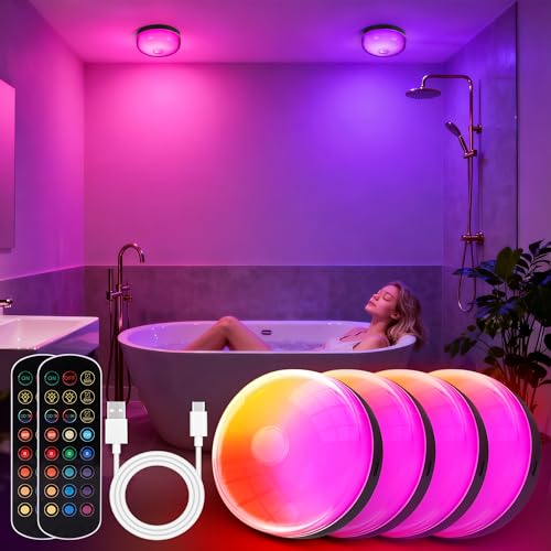 4-Pack Rechargeable Shower Lights for Inside Shower, 15 RGBW Color Changeable Waterproof Lights for Shower with Remote(Dimmable＆Timer), Wireless LED Mood Lighting for Bathroom, Closet, Bedroom, Party
