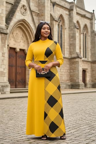 Image of FANDEE Womens Elegant Maxi Dresses Mock Neck Colorblock Casual Long Dress | 3 /4 Sleeve, empire waist, pockets & back hidden zipper, designed for semi formal church cocktail daily wear