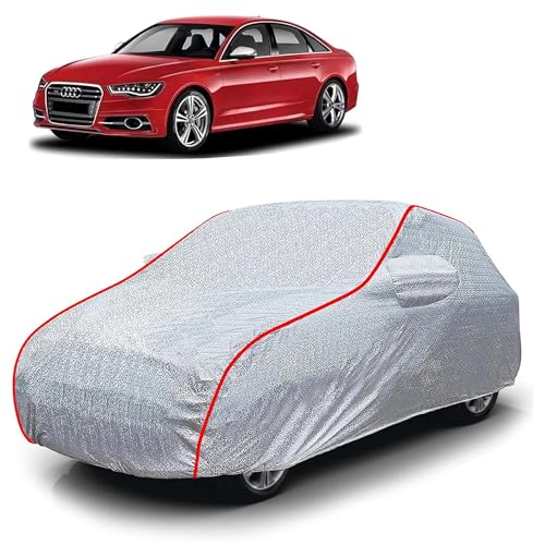 Image of Sulfar 100% Waterproof Car Body Cover Compatible with Mirror for Audi S6 (Triple Stitched, Full Bottom Elastic, Magic Silver with Red Piping)