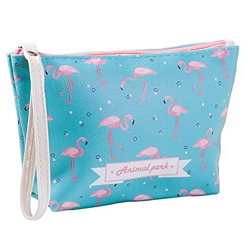 Preisvergleich Produktbild Kasla Make-up Fall Handtasche, PU Leder Flamingo Kosmetiktasche Kulturbeutel Bleistift Veranstalter mit Reißverschluss Strap für Reisen / Schule / Büro - bunt (Blau)