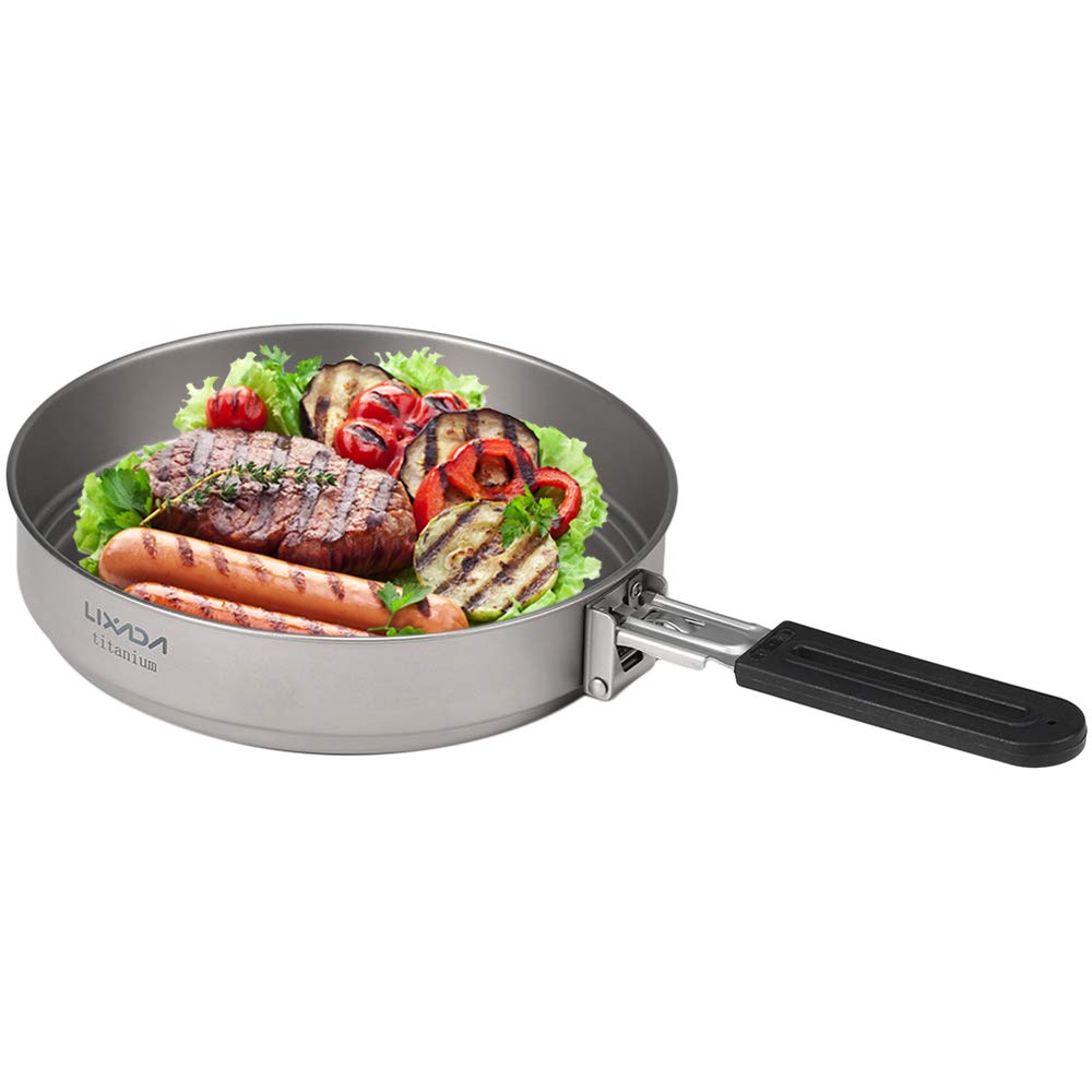 Lixada 1100ml Titanium Fry Pan Ultralight Grill Padella Antiaderente da Campeggio Pentole da Campeggio Backpacking Padella in Titanio con Maniglia Pieghevole, Outdoor Cooking Grill Padella