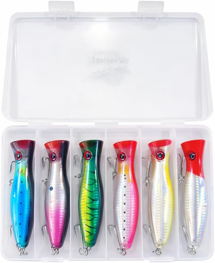 6-Piece Large Topwater Popper Fishing Lures with Tackle Box – Saltwater & Freshwater Surface Poppers for Surf Casting (5in) | Thrive Tackle