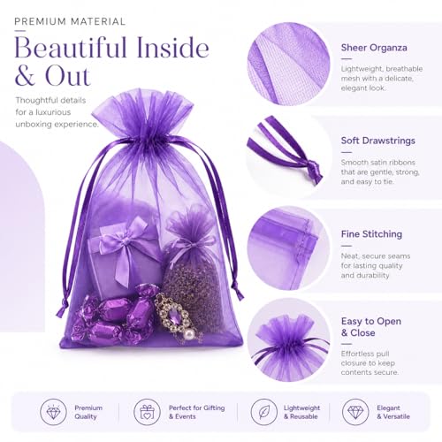 Image of Hopttreely Purple Organza Bags 5x7in, 50PCS Sheer Drawstring Gift Bags, Sheer Mesh Jewelry Pouches, Lavender Wedding Party Festival Gift Bag Candy Pouches for Mother's Day, Holiday Gifts, and Craft Fairs