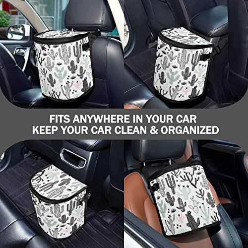Image of Cactus Car Trash Can Black Green Cacti Tropical Car Garbage Bag with Lid Hanging Waterproof Leak Proof Vehicle Storage Bin