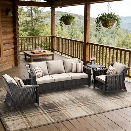 Image of 4 Piece Patio Furniture Set, Wicker Outdoor Conversation Set | Patio Chair Set with Olefin Removable Cushion, All-Weather Outdoor Couch with Deep Seat for Porch, Deck and Backyard, Beige