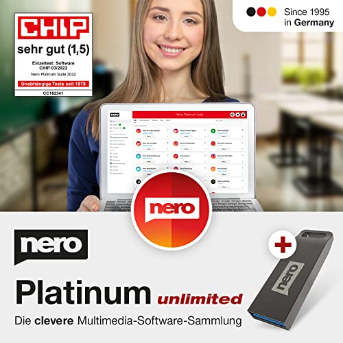 DAS SOFTWAREPAKET: Nero Platinum Unlimited Suite auf USB Stick | Videobearbeitung | Backup | Medien verwalten & abspielen | 8K | Fotos | Musik | PC Tuning | 1 PC | Windows 11 / 10 / 8 / 7