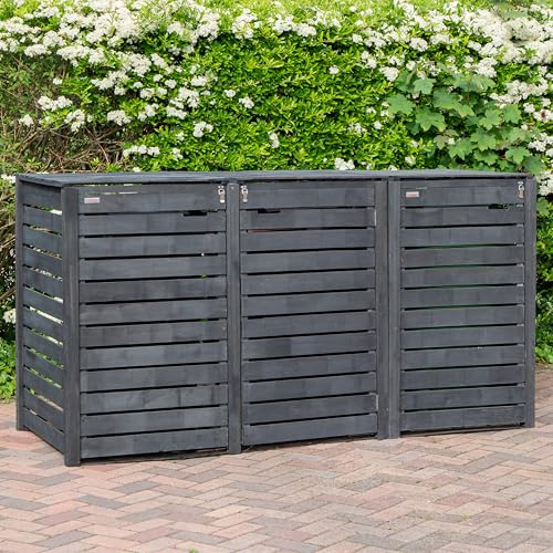 2.15m x 1.16m Large Wooden Outdoor Garden Triple Wheelie Bin Store Storage for 3 Bins (1 Single and 1 Twin) - Garden Bin Storage box Wheelie Bin Hideaways Bin Shed in Dark Grey