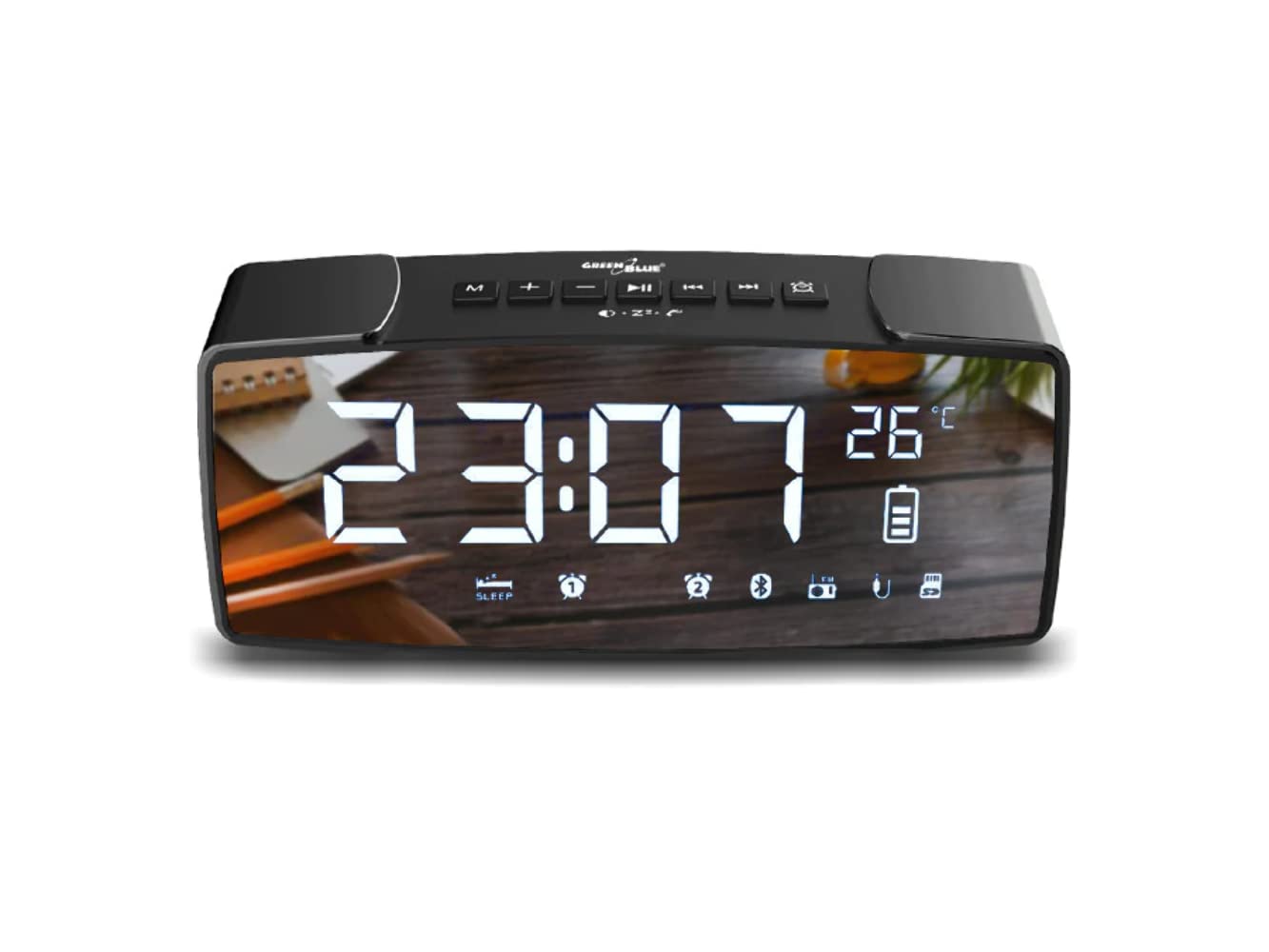 Green Blue GB200 Radio-réveil Bluetooth 4.2 FM entrée auxiliaire 6 W température réveil Horloge Batterie 2200 mAh