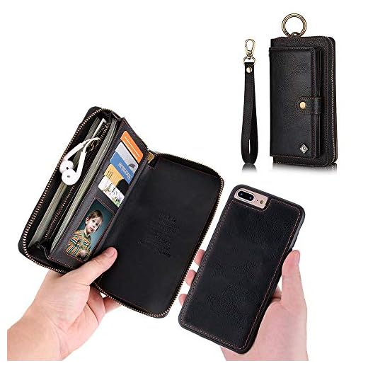 iPhone 7 Plus Wallet Case - JAZ Zipper Purse Detachable Magnetic14 Card Slots Card Slots Money Pocket Clutch Leather Wallet Case for iPhone 8 Plus / 7 Plus Black