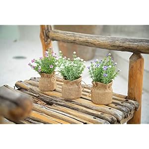 Velener Babys Breath Artificial Flowers in Small Burlap Bag Vases 3Pcs Gypsophila Faux Flowers Farmhouse Home Coffee Table Bookshelf Office Desk Decorations Kitchen Dining Room Fake Plants Indoor