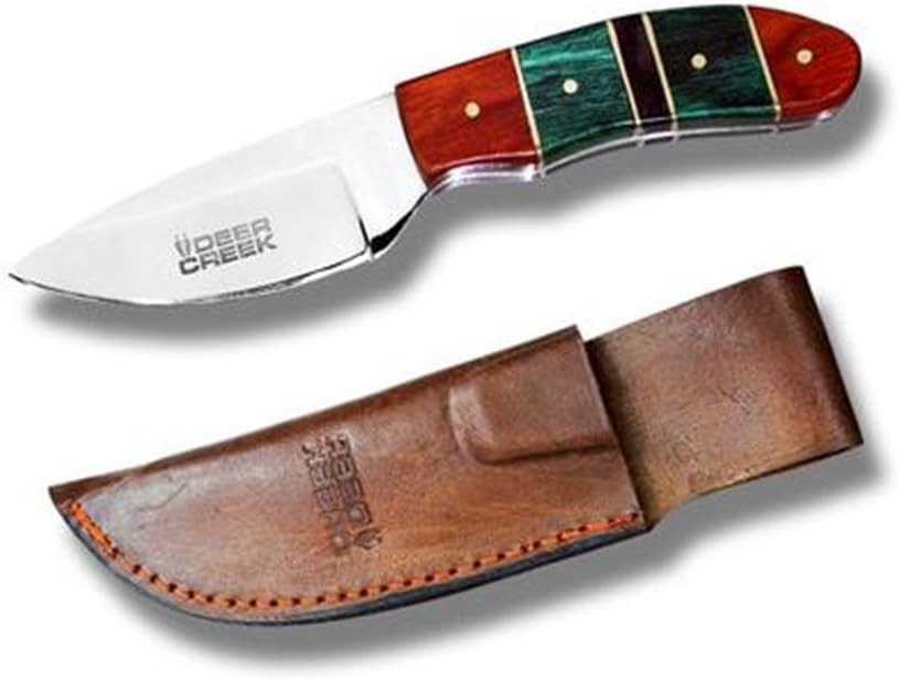 Rex Distributors DC-808 6" Deercreek Short Skinner blk/Blue/Red Wood Color Handle with Leather Sheath Knife