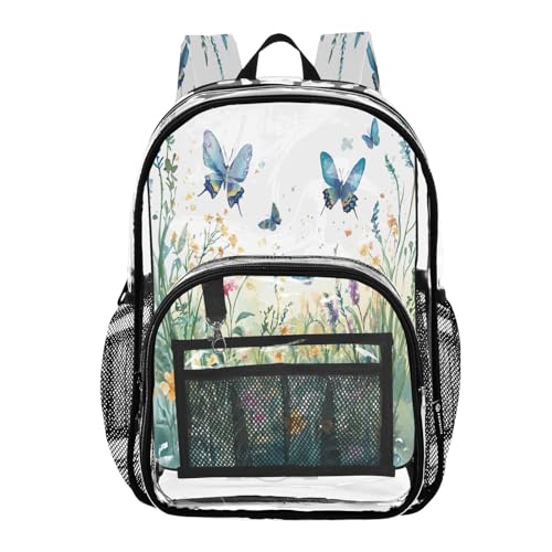 Wildflowers and Butterflies Clear Backpack - Stadium Approved Large 15.7-inch Waterproof Transparent Bag for Sports, Concerts, Work, Travel#296