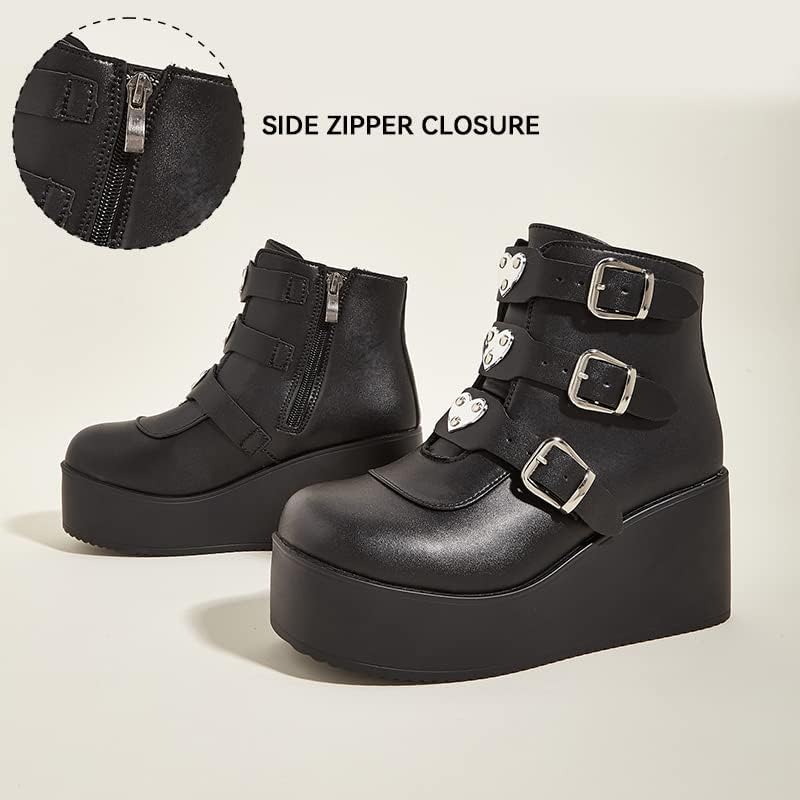 LUCKY STEP Women Platform Chunky Ankle Boots - Round Toe Zipper Wedges High Heels Rave Buckle Thick Sole Goth Booties - Image 4