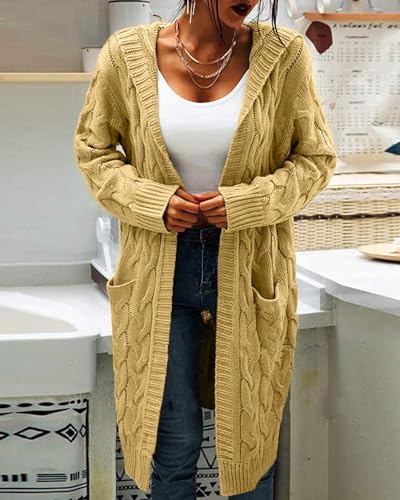 Women's Cable Knit Long Sleeve Sweater Cardigan Open Front Long Cardigans Pocket Hooded Casual Outwear2