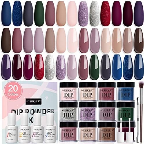 AZUREBEAUTY 29 Pcs Dip Powder Nail Kit Starter Set, 20 Colors Nude Pink Purple Blue Brown Glitter Acrylic Dipping Powder System Liquid Set with Top/Base Coat for French Nail Art Manicure DIY Salon Women Valentine's Gifts
