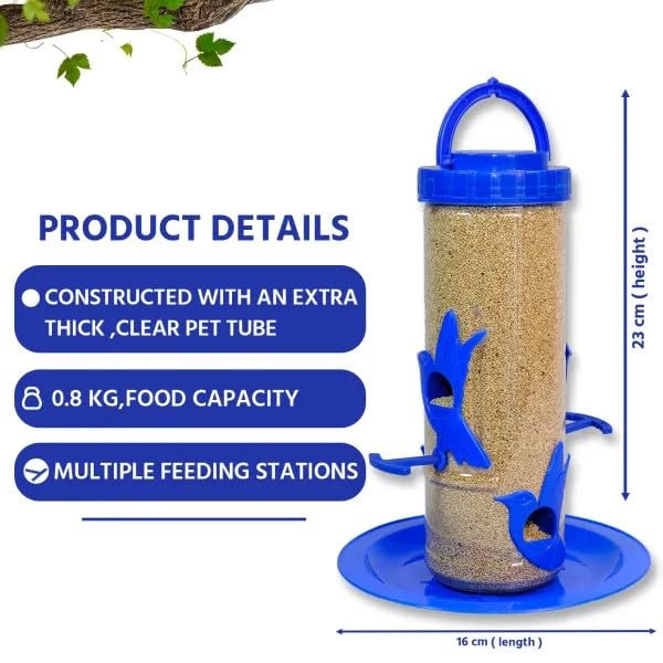 Image of Amijivdaya Medium Hanging Bird Feeder for Garden Balcony | 4 Feeding Ports | 700g Seed Capacity | Food-Grade Plastic | Easy Refill & Weatherproof (Blue, Pack of 1)