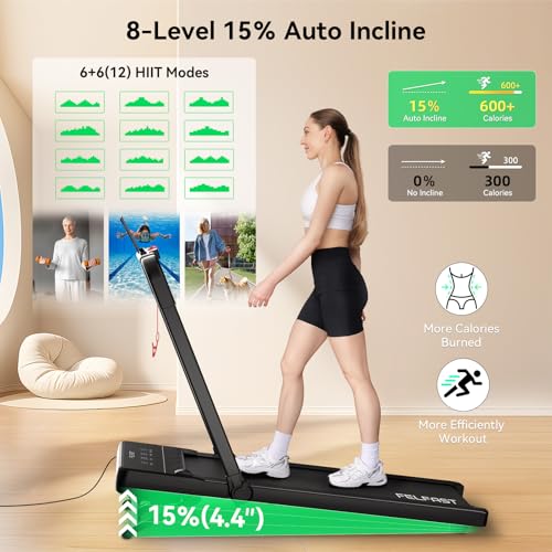 Image of FelFast Walking Pad Treadmill with 15% 9 8 Level Auto Incline, 2-in-1 Under Desk Foldable w /Remote Control, 12 HIIT Mode, 265 Lbs Max, 7.6 MPH Max, Portable Mini Treadmill for Office Home