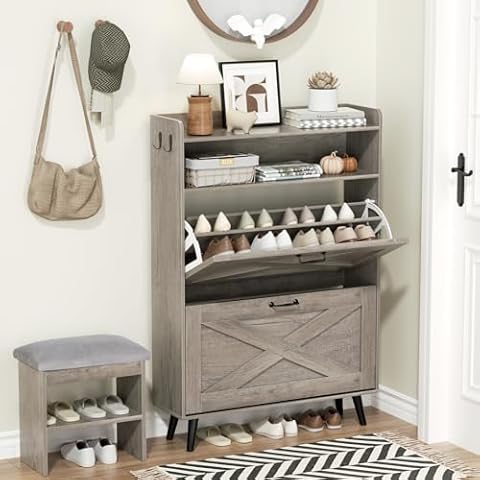 EOYUTLLY Shoe Storage Cabinet with 2 Flip Drawers & Open Shelf, Shoe Cabinet with Small Bench, Freestanding Shoe Organizer for Entryway, Narrow Shoe Rack with Legs, Grey Cover
