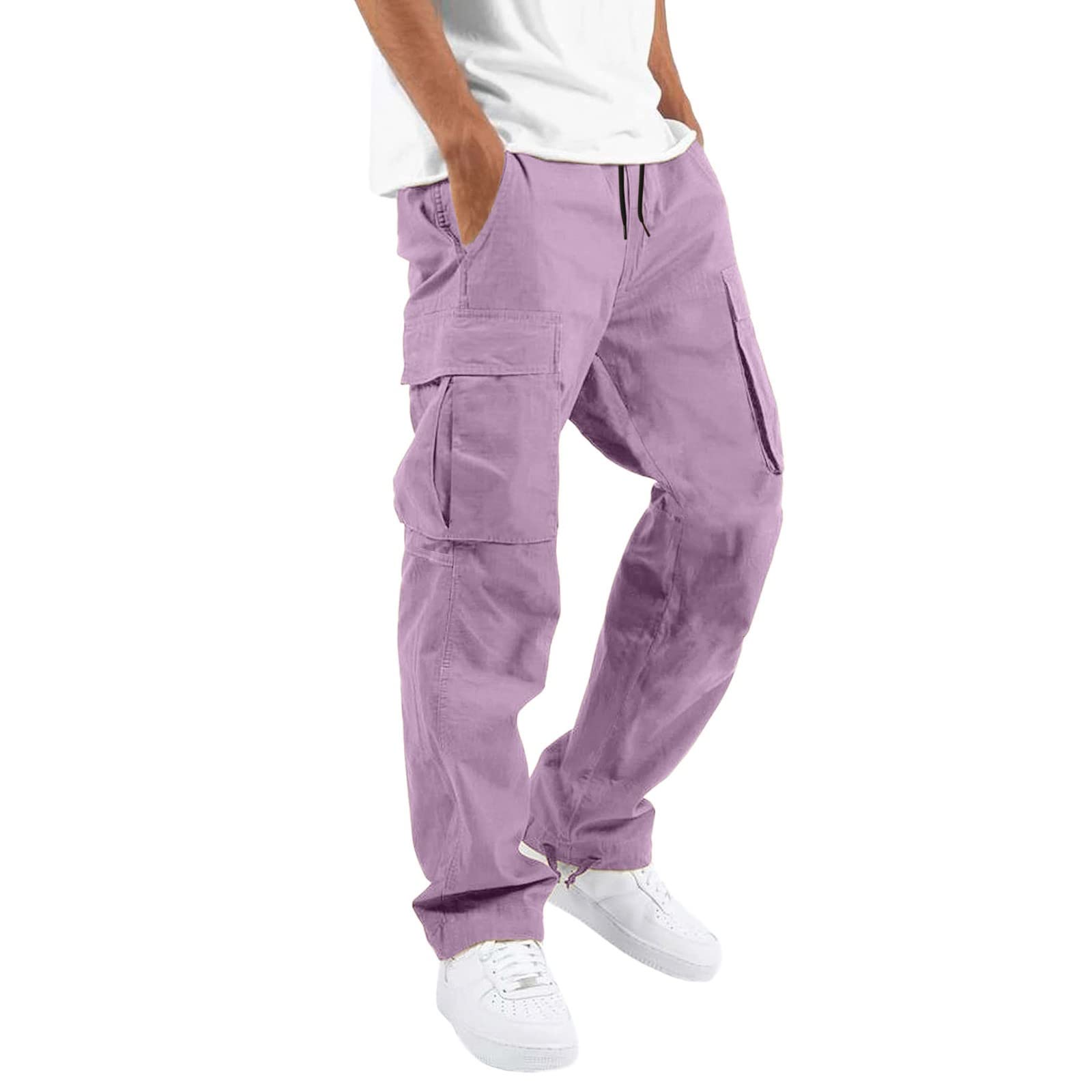 Men's Purple Cargo Trousers Drawsting Straight Leg Relax Fit Combat Work Pants Outdoor Hiking Jogging Sweatpants With Utility Pockets