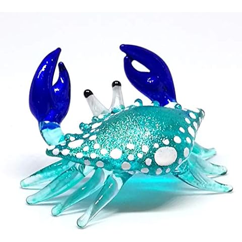 ZOOCRAFT Blown Glass Blue Crab Figurine Handmade Miniature Ornament Aquarium Marine Collection Cover