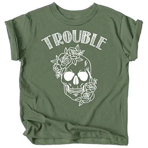 Trouble Skull Floral Girls Shirts Fun Trouble Shirt for Kids Outfits Military Green Shirt