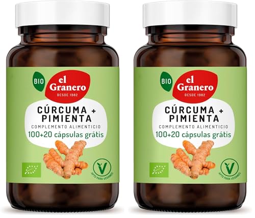 El Granero Integral - Complemento Alimenticio - Cúrcuma + Pimienta Bio - 120 Cápsulas - a Base de Polvo de Raíz de Cúrcuma y Pimienta Negra - Efecto Antioxidante - Ideal para Deportistas