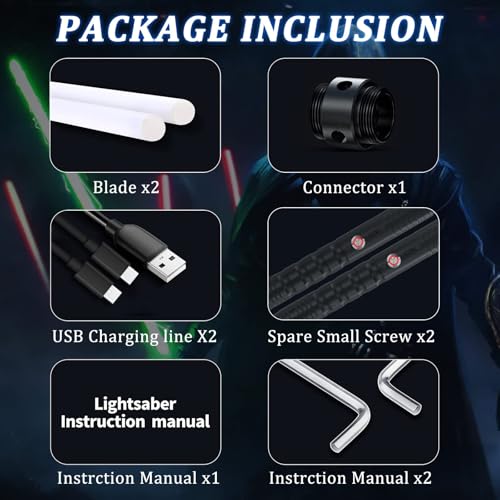 Image of JVMU Lightsaber Rechargeable Cosplay RGB 2 pcs, connectable 2-in-1 Lightsaber 7 RGB Color Advanced Alloy hilt Lightsaber, with 3 Sound Modes, Halloween Easter Christmas Decoration (Black)