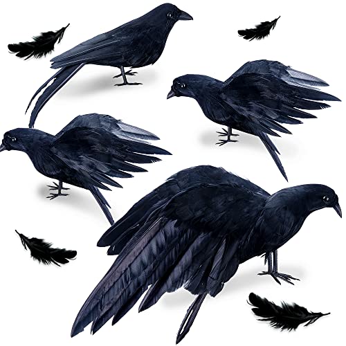 Iceyyyy 4Pack Realistic Black Feathered Crow Bird - 13" Halloween
