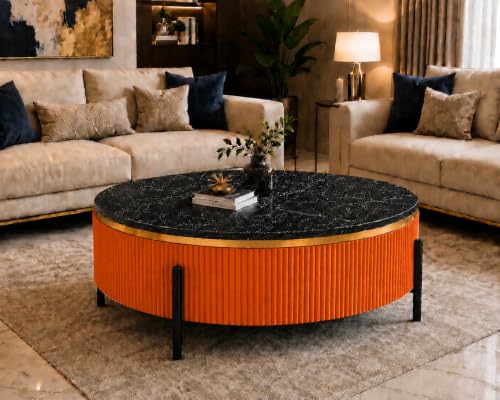 Image of WOODEN SPACE Premium Luxury Nazaara Marble-Top Coffee Table with Iron Legs & PVD Coating | Modern Round Wooden Center Table for Living Room & Entryway