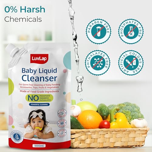 Image of LuvLap Baby Liquid Cleanser Refill pack- 1000ml, For cleaning feeding bottle, cutlery, toys, fruits & vegetables, Kills 99.9% Germs, pH Balanced Dermatologically tested formula, No harsh chemicals