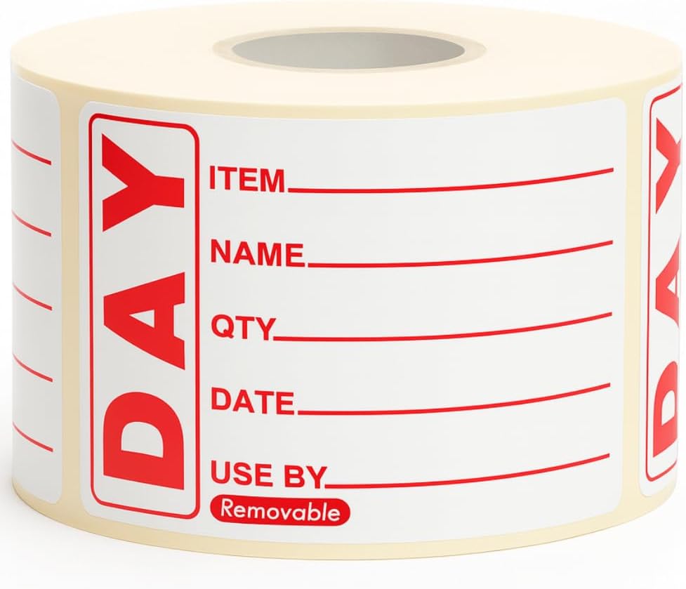 BarBits Red Removable Prepped Food Labels 50 x 65mm - Roll of 500 Self Adhesive Food Rotation Stickers Easy Peel No Residue.