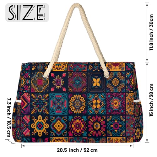 Vintage Mexican Talavera Floral Beach Bag for Women Ladies Large Beach Pool Tote Bag Sandproof Beach Tote with Zipper Gym Tote Carry On Bag Reusable Grocery Shopping Bag for Weekender Travel Daily2