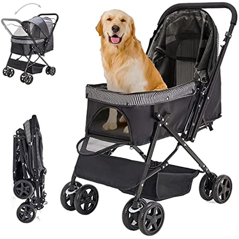 LPOTIUS Dog Stroller for Large Medium Dogs & Cats with Reversible Handle, Foldable Pet Stroller Travel Carriage with Large Storage Basket, Black Cover