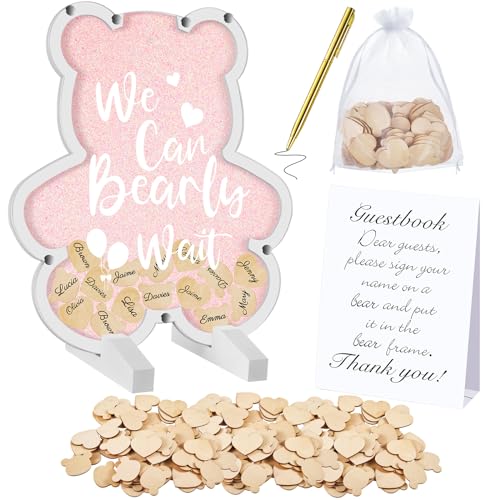 Image of Kosiz We Can Bearly Wait Acrylic Baby Shower Guest Book Alternatives Decorations with Wooden Hearts for 60 Guests Baby Shower Sign Picture Frame Pregnancy Keepsake Edition for Soon to Be Mom (Pink)
