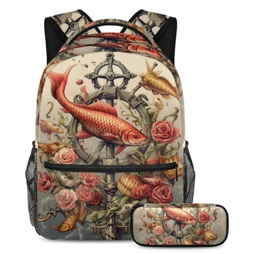Sac à dos carpe rouge chinoise style vintage grand format avec trousse