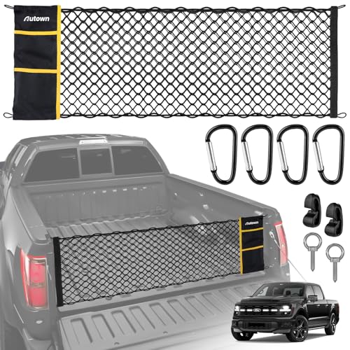AUTOWN Truck Bed Cargo Net, Envelope Style Bed Netting for 2015+ Ford F150 & 2017+ F250/F350/F450, Pickup Truck Bed Organizer with 5mm Bungee & Integrated Storage Bag & Eyebolts & Carabiners