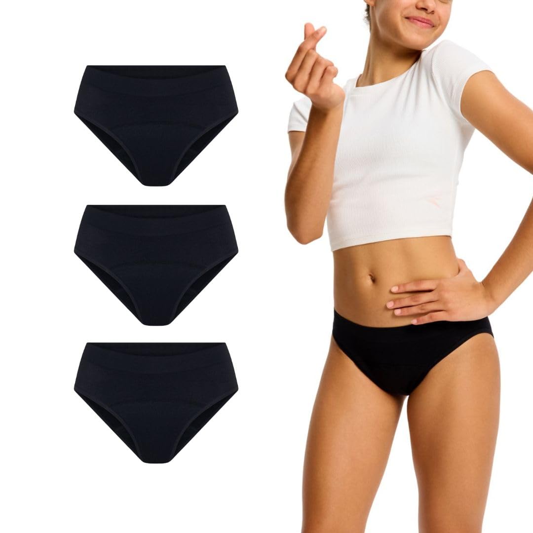 Modibodi Braga Menstrual Niña Adolescente Sin Costuras Hipster Flujo Medio Absorción 30ml Pack 3 Ropa Interior Suave Elástica Negro