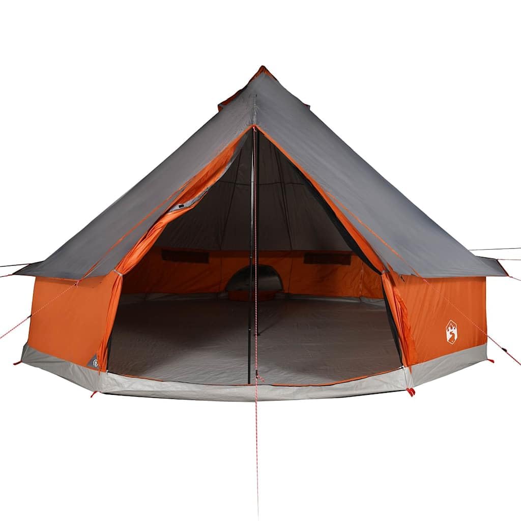 Wodoszczelny namiot rodzinny Tipi dla 12 osób, szaro-pomarańczowy, 600 x 600 x 350 cm, z przyłączem E, 3 kieszenie do przechowywania, wytrzymały poliester 185T, na kemping, do aktywności na świeżym
