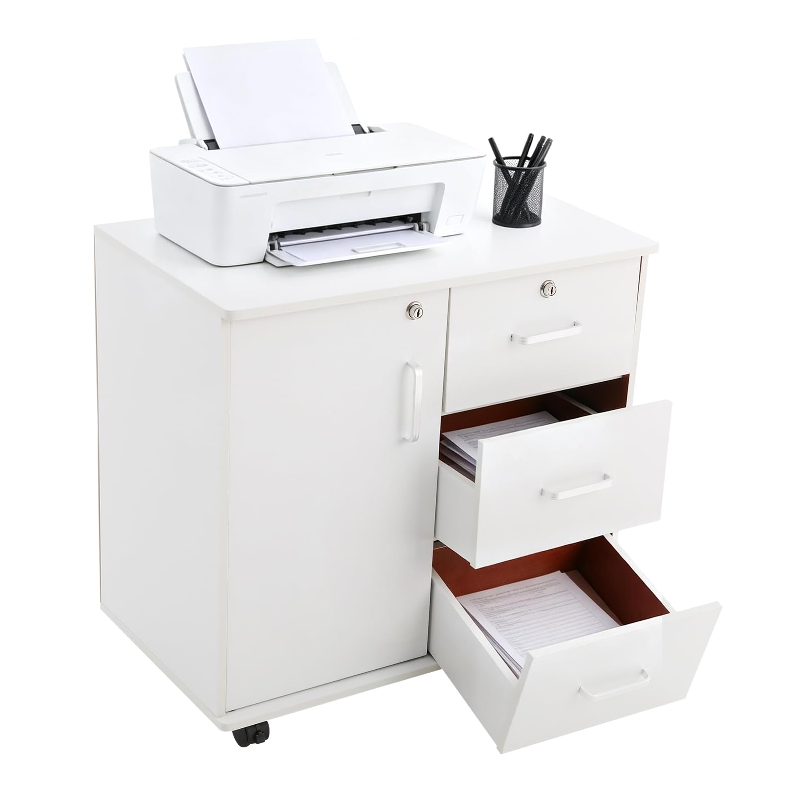 Cassettiera con 3 cassetti e anta da 60 cm, bianco caldo | Per ufficio e soggiorno, 3 cassetti + porta, 4 ruote, portata fino a 60 kg, compatto