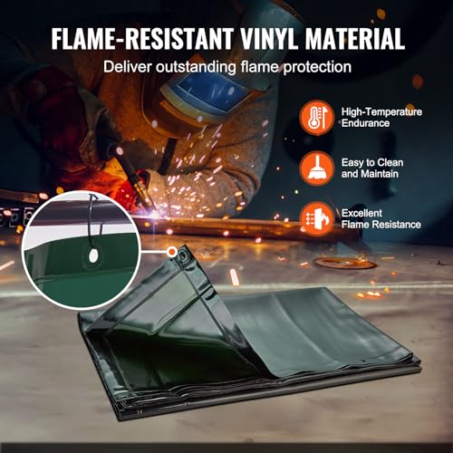 Image of VEVOR Welding Screen with Frame, 6' x 8' Welding Curtain Screen, Flame-Resistant Vinyl Welding Protection Screen on 4 Swivel Wheels (2 Lockable), Moveable & Professional for Workshop /Industrial, Green