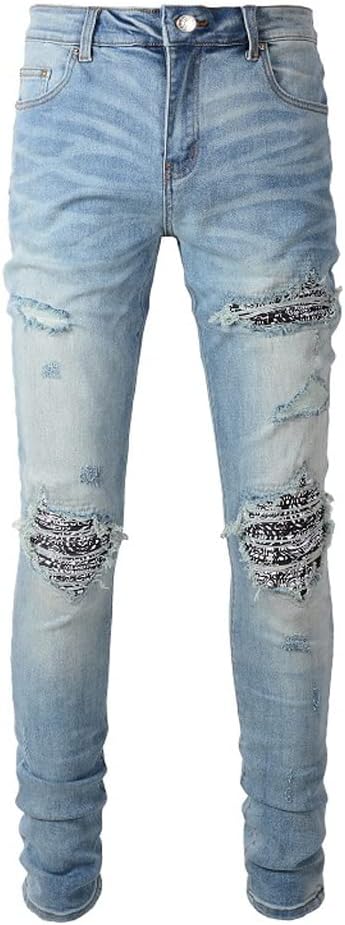 Men Cracked Patch Stretch Denim Jeans Streetwear Holes Patchwork Pants Vintage Skinny Tapered Trousers