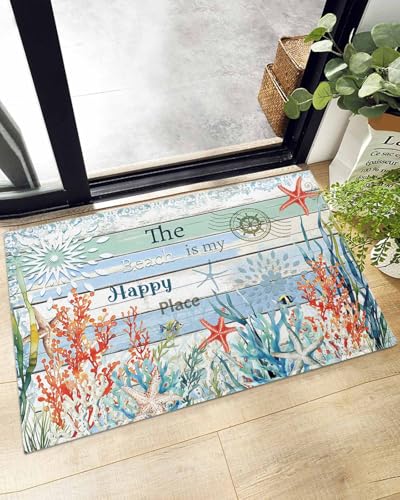 Indoor Doormat Nautical Starfish Coral Fish on Stamp Wooden,Shaggy Floor Mat with Non-Skid Backing Marine Creature Theme,Machine Washable Plush Area Rug Carpets for Kitchen Nursery Bedroom