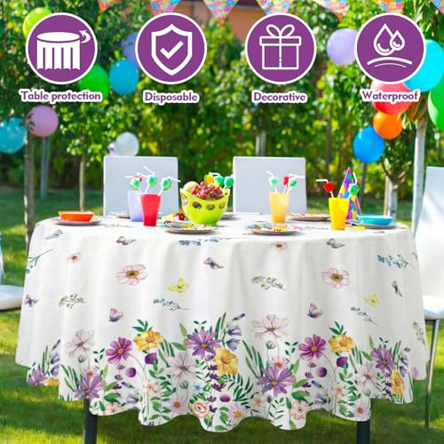 Image of Ganeen 6 Pcs Spring Wildflower Plastic Tablecloth 84 Inch Spring Round Tablecloths Floral Theme Birthday Decor Disposable Plastic Waterproof Table Covers for Holiday Wedding Decoration Party Favor