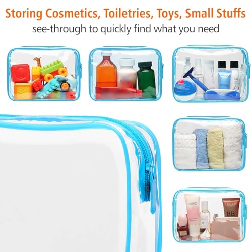 Image of Clear Makeup Bag, Packism Waterproof TSA Approved Toiletry Bag Quart Size Bag, Clear Makeup Bags with Zipper Travel Cosmetic Bag, Carry on Airport Airline Compliant Bag, 3 Pack, Blue