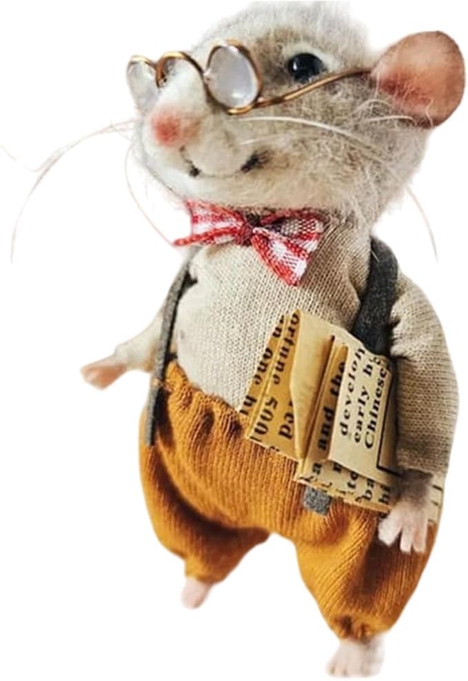 Cute Needle Felted Mouse,Handmade Needle Felt Mice Decorations,Christmas Wool Felt M-ouse Ornament,Cute Felts Mice Figurine,N-eedle Felted C-hristmas Mouse Doll Decorations (Professor)