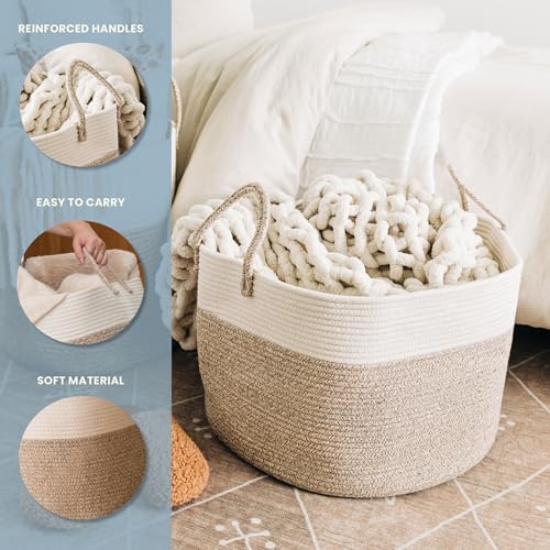 Image of OrganiHaus Round Toy Basket & Blanket Basket, Cotton Rope 20x13 inch | Brown / Off-White - Round Cotton Rope Basket, 20x13 inch