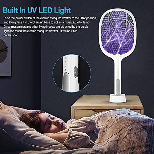 DANGZW Electric Fly Swatter, 3000V USB Rechargeable Fly Killer Bug Zapper Racket with Charging Base, Home and Outdoor Mosquito Killer with LED Light for Mosquitoes, Flies, Bees, Moths (White)